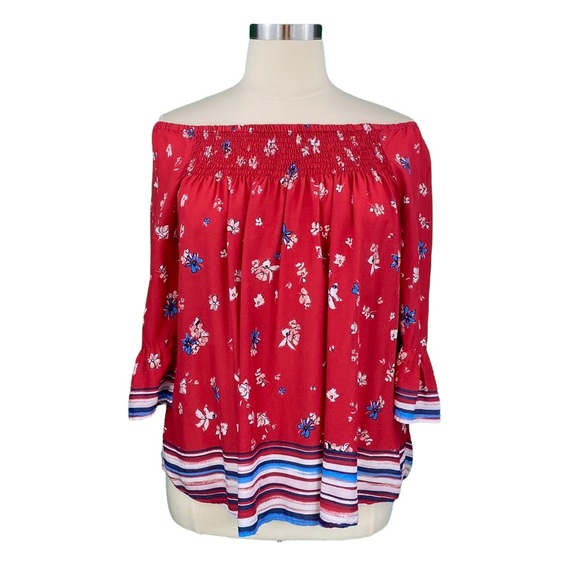 BeachLunchLounge Red Floral Smocked Off Shoulder Blouse